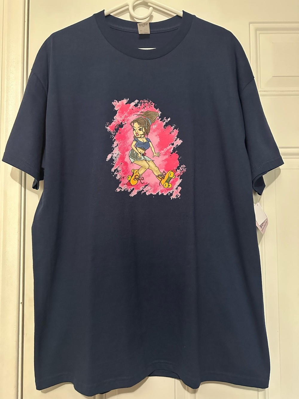 Navy Graphic Tee with Pink Roller Girl Design